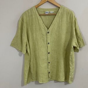 CP Shades Irish Linen Embroidered Green Button-Up Shirt size L Spring Cottage